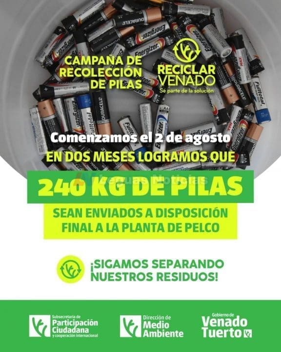 "Reciclar Venado" ya recolectó 240 kilos de pilas en desuso desde el inicio de la campaña "Reciclar Venado" ya recolectó 240 kilos de pilas en desuso desde el inicio de la campaña