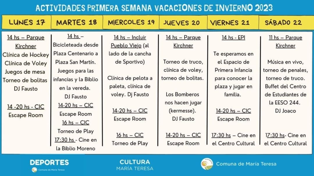 María Teresa: Variada agenda de actividades para las Vacaciones de Invierno 2023 María Teresa: Variada agenda de actividades para las Vacaciones de Invierno 2023