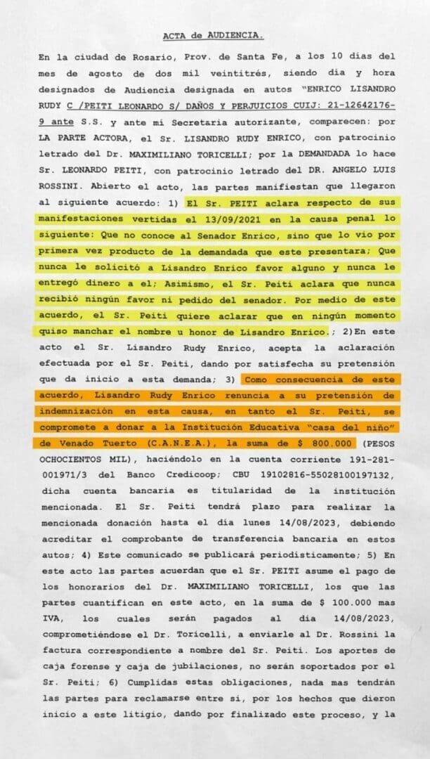 Senador Enrico: Retractación, indemnización y donación Senador Enrico: Retractación, indemnización y donación