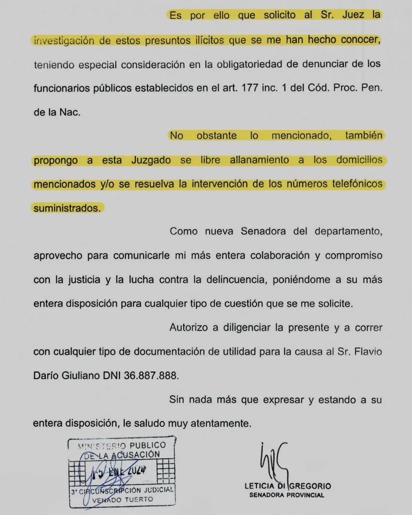 Venado Tuerto: La senadora Di Gregorio denunció a vendedores de droga Venado Tuerto: La senadora Di Gregorio denunció a vendedores de droga