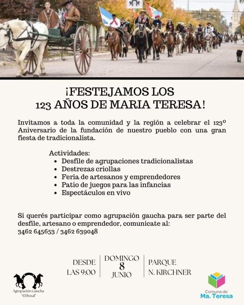 María Teresa invita a la región a celebrar su 123° aniversario con una gran fiesta tradicional María Teresa invita a la región a celebrar su 123° aniversario con una gran fiesta tradicional